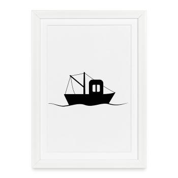 Silhouette de cotre de pêche, petit navire - Affiche encadrée (27 × 37 cm) - blanc - Devant