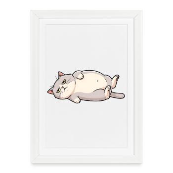 Sleeping Cat Cartoon in Gray and White Fat Cat - Framed poster (27 × 37 cm) - white - Front