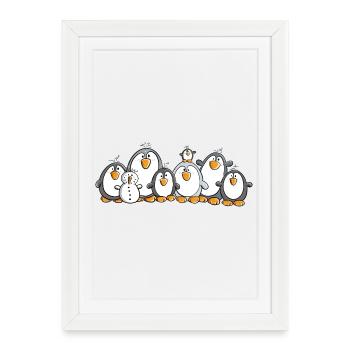 Famille de pingouins avec bonhomme de neige - Affiche encadrée (27 × 37 cm) - blanc - Devant