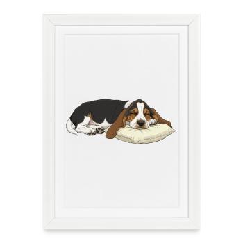Sleeping Basset Hound on Pillow - Framed poster (27 × 37 cm) - white - Front