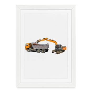 L’excavatrice charge les camions - Affiche encadrée (27 × 37 cm) - blanc - Devant