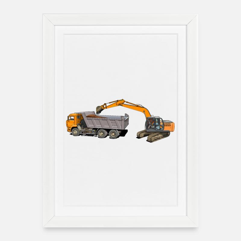 Excavator loads trucks - Framed poster (27 × 37 cm) - white