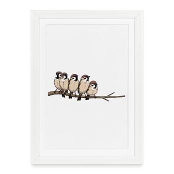 Cinq oiseaux sur une branche – Illustration mignonne - Affiche encadrée (27 × 37 cm) - blanc - Devant
