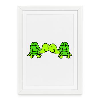 2 amis tortues amour couple s'embrassant câlins - Affiche encadrée (27 × 37 cm) - blanc - Devant