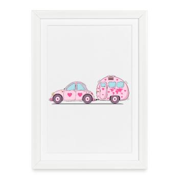 Car with caravan Pink Heart - Framed poster (27 × 37 cm) - white - Front