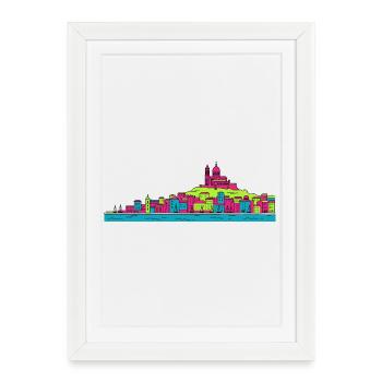 Basilique skyline de la ville de Marseille Modern Line Art - Affiche encadrée (27 × 37 cm) - blanc - Devant