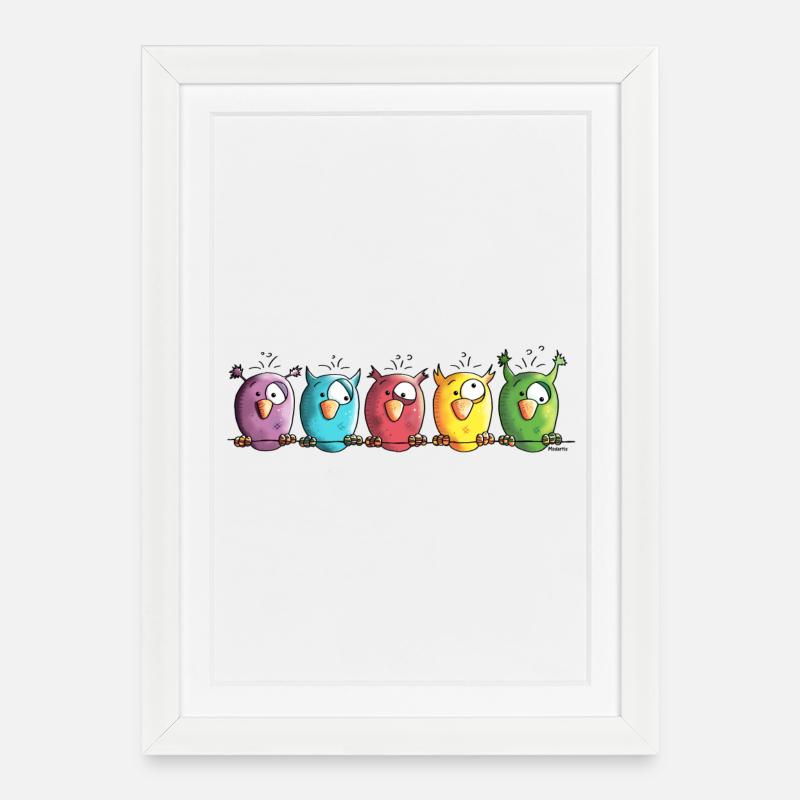 Funny Owls - Eule - Vogel - Gerahmtes Poster (27 × 37 cm) - Weiß