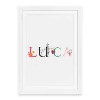 Art du nom LUCA avec des fleurs brodées - Affiche encadrée (27 × 37 cm) - blanc - Devant