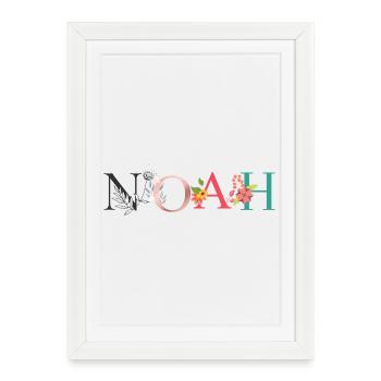 Art du nom NOAH avec des fleurs brodées - Affiche encadrée (27 × 37 cm) - blanc - Devant