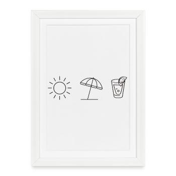 Summer Vibes – Design minimaliste de soleil et de boissons - Affiche encadrée (27 × 37 cm) - blanc - Devant