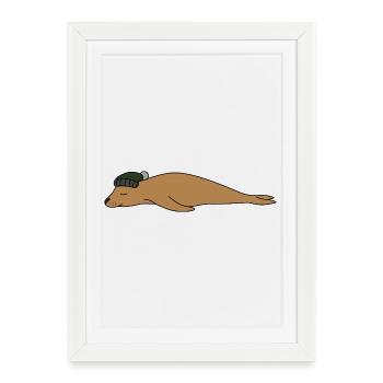 Un petit croquis simple d’animal avec un chapeau de phoque dormant - Affiche encadrée (27 × 37 cm) - blanc - Devant