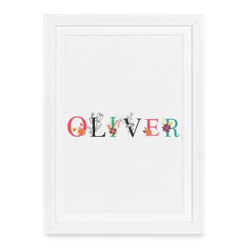 OLIVER Name Art avec des fleurs brodées - Affiche encadrée (27 × 37 cm) - blanc - Devant