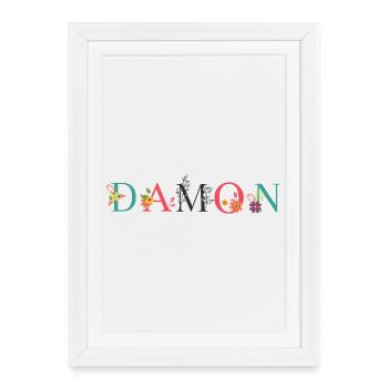 DAMON Namenskunst mit gestickten Blumen - Gerahmtes Poster (27 × 37 cm) - Weiß - Vorne