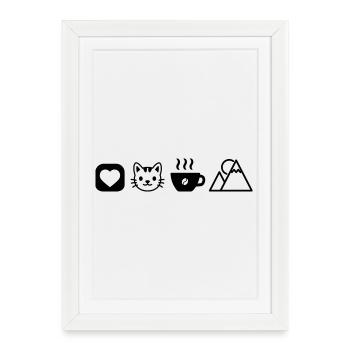 Icônes de loisir simples Chats Montagnes de café Amour - Affiche encadrée (27 × 37 cm) - blanc - Devant