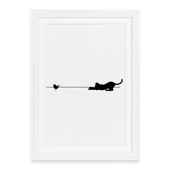 T Shirt Chat noir oiseau drôle - Affiche encadrée (27 × 37 cm) - blanc - Devant