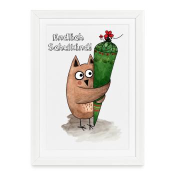 Chouette avec sac de sucre Enfin écolier - Affiche encadrée (27 × 37 cm) - blanc - Devant