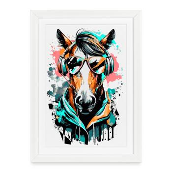 Cheval - Équestre - Galop Race De Cheval Coloré - Affiche encadrée (27 × 37 cm) - blanc - Devant
