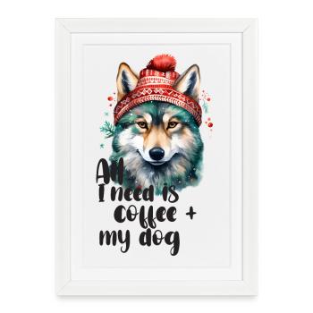 Coffee and dog in winter hat - Framed poster (27 × 37 cm) - white - Front