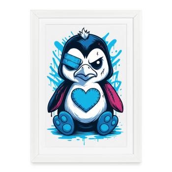 Punk pingouin Dessin animé Coeur Street Art Gothique - Affiche encadrée (27 × 37 cm) - blanc - Devant