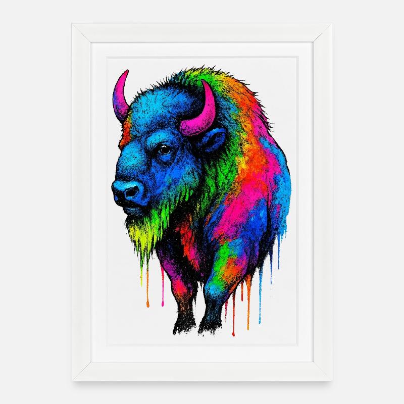 Explosion de couleurs de bison coloré - Affiche encadrée (27 × 37 cm) - blanc