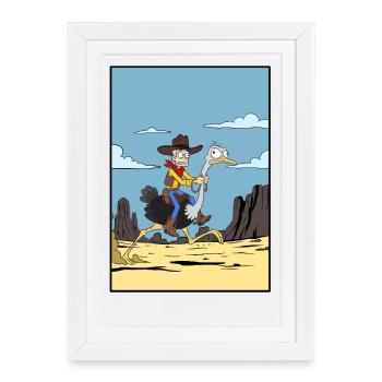 Cow-boy chevauchant un émeu dans le désert - Affiche encadrée (27 × 37 cm) - blanc - Devant