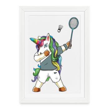 Conception de sports arc-en-ciel de badminton licorne - Affiche encadrée (27 × 37 cm) - blanc - Devant