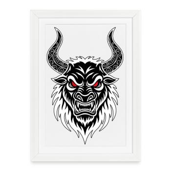 Taureau de Combat Totem Cornes Ornées Yeux Rouges - Affiche encadrée (27 × 37 cm) - blanc - Devant