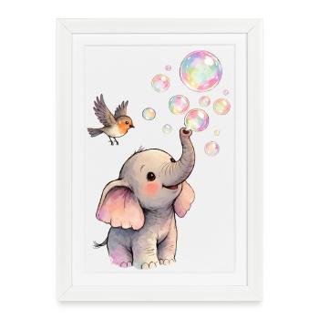Un bébé éléphant fait des bulles avec un oiseau 🐘 🐦 - Affiche encadrée (27 × 37 cm) - blanc - Devant