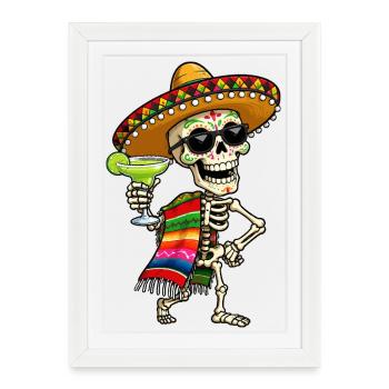 Squelette de la Fiesta avec sombrero et margarita - Affiche encadrée (27 × 37 cm) - blanc - Devant