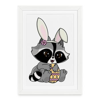 Snuggles the raccoon in bunny costume with Easter egg - Framed poster (27 × 37 cm) - white - Front