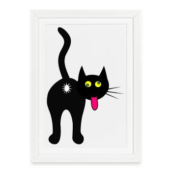 Chat par derrière, chat cool, chat noir - Affiche encadrée (27 × 37 cm) - blanc - Devant