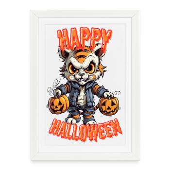 Tigre effrayant avec des citrouilles d’Halloween - Affiche encadrée (27 × 37 cm) - blanc - Devant