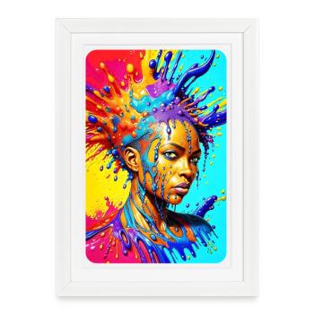 coloré éclaboussure art portrait noir femme féroce - Affiche encadrée (27 × 37 cm) - blanc - Devant