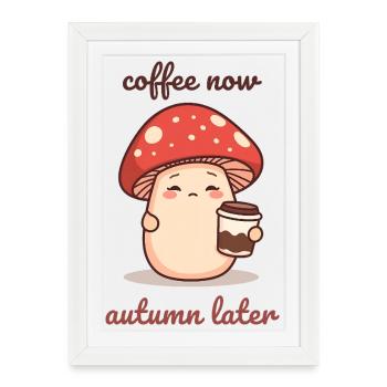 Champignon Kawaii avec tasse à café Automne Fatigué - Affiche encadrée (27 × 37 cm) - blanc - Devant