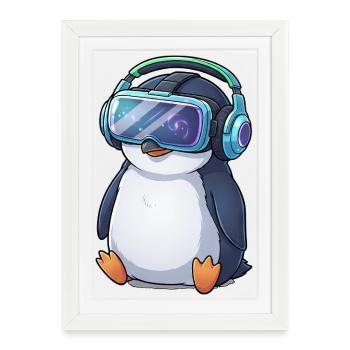 Dessin animé mignon Pingouin Gamer Gamer Réalité virtuelle - Affiche encadrée (27 × 37 cm) - blanc - Devant