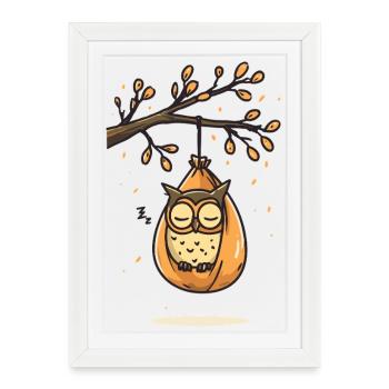 Hibou endormi sur la branche d’automne - Affiche encadrée (27 × 37 cm) - blanc - Devant
