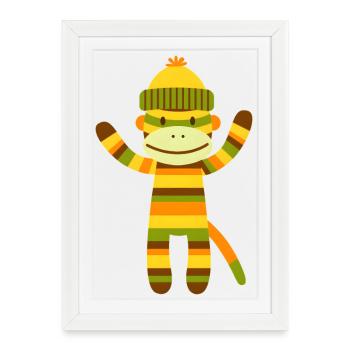 Drôle de singe en chaussette Singe rayé coloré - Affiche encadrée (27 × 37 cm) - blanc - Devant