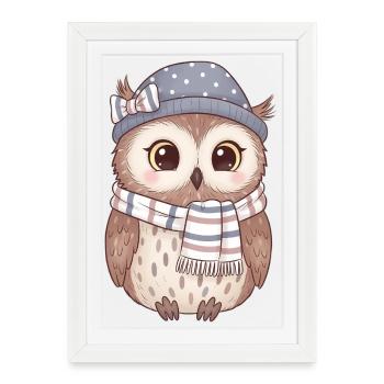 Winter owl with scarf and hat - Framed poster (27 × 37 cm) - white - Front