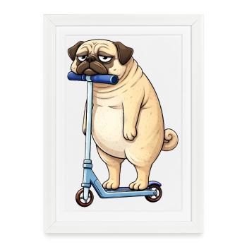 Mignon carlin, trottinette, trottinette, chien solitaire, dessin animé - Affiche encadrée (27 × 37 cm) - blanc - Devant