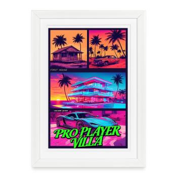 PRO PLAYER VILLA - Art de jeu Neon Synthwave - Affiche encadrée (27 × 37 cm) - blanc - Devant