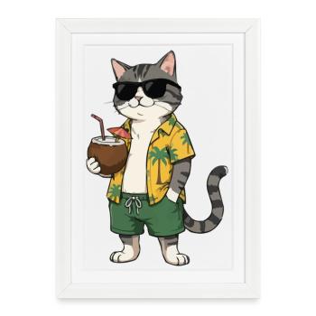 Beach cat with Hawaiian shirt and coconut - Framed poster (27 × 37 cm) - white - Front