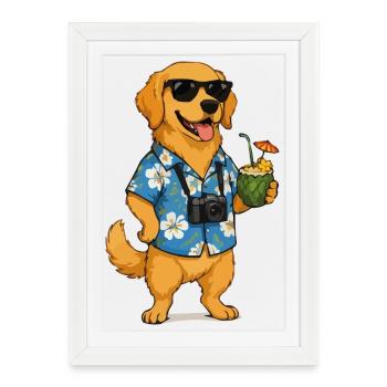 Beach dog with camera and cocktail - Framed poster (27 × 37 cm) - white - Front