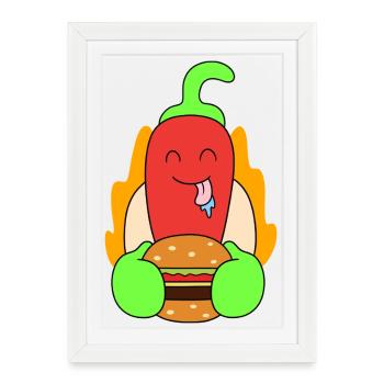 Le chili mange un burger - Affiche encadrée (27 × 37 cm) - blanc - Devant