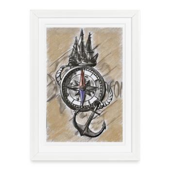 Fully on course maritime compass ship and anchor - Framed poster (27 × 37 cm) - white - Front