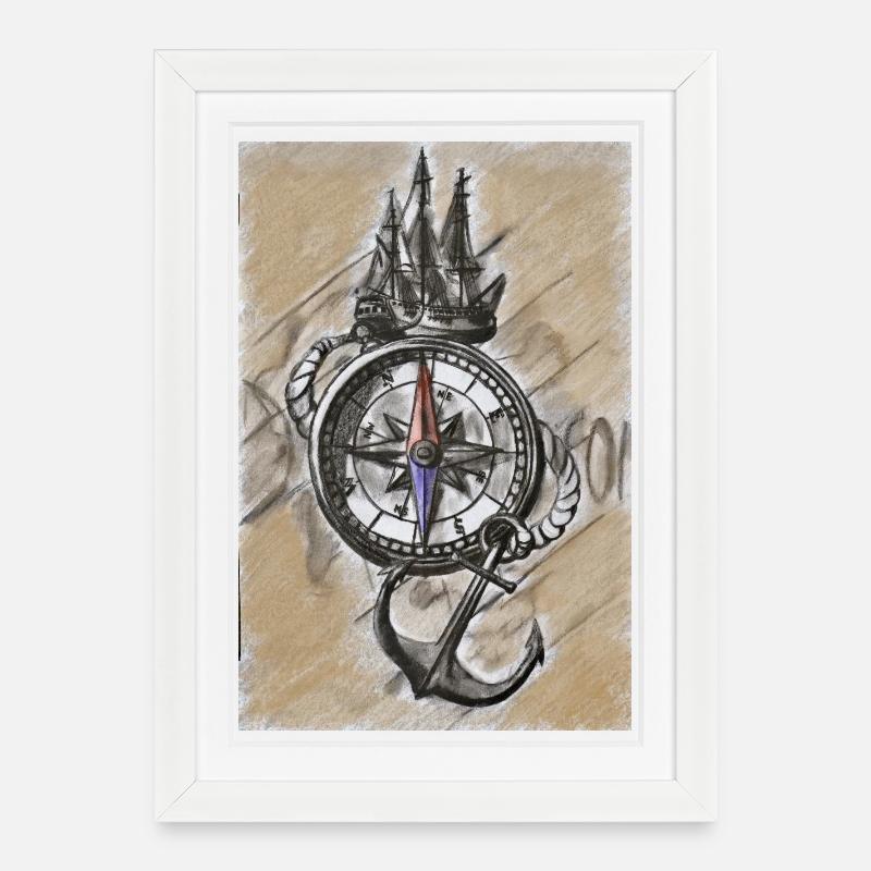 Voll auf Kurs maritimer Kompass Schiff und Anker - Gerahmtes Poster (27 × 37 cm) - Weiß