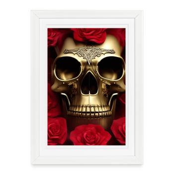 Crâne doré avec des roses - Affiche encadrée (27 × 37 cm) - blanc - Devant