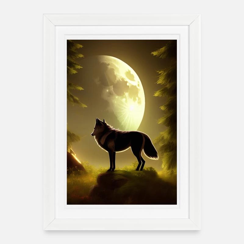 Wolf und Mond - Gerahmtes Poster (27 × 37 cm) - Weiß