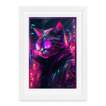 Techno Cat Japon Neon City Art - Affiche encadrée (27 × 37 cm) - blanc - Devant
