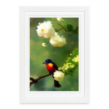 Oiseau sur branche avec fleurs - Affiche encadrée (27 × 37 cm) - blanc - Devant
