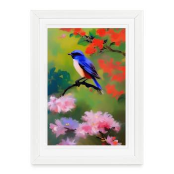 Oiseau sur branche avec fleurs - Affiche encadrée (27 × 37 cm) - blanc - Devant